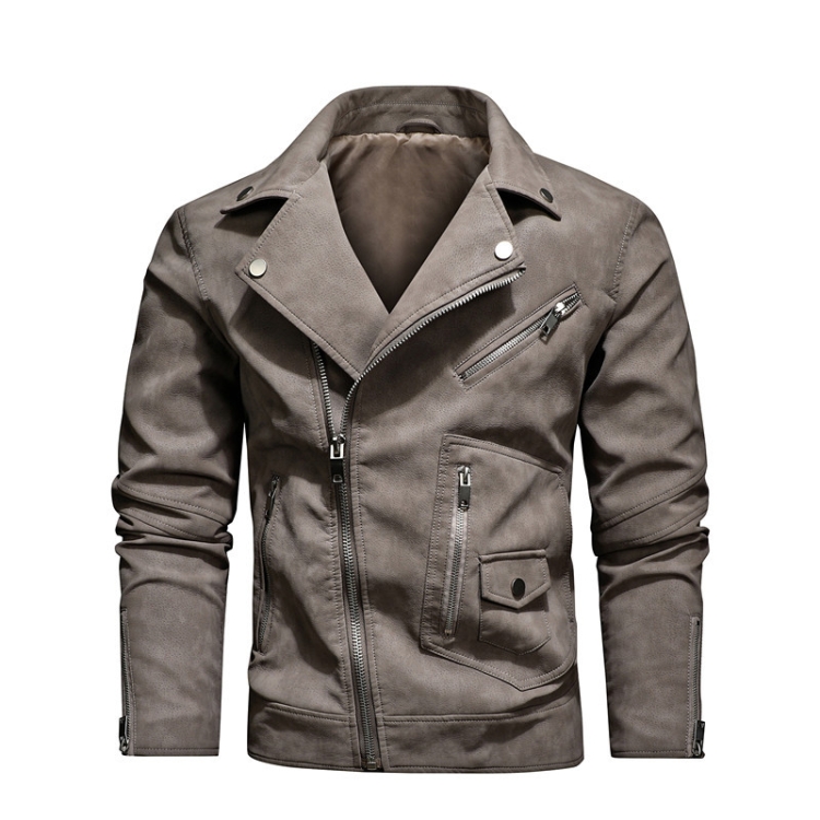 Men Fashion PU Lapel Leather Jacket, Size: 3XL(Khaki)