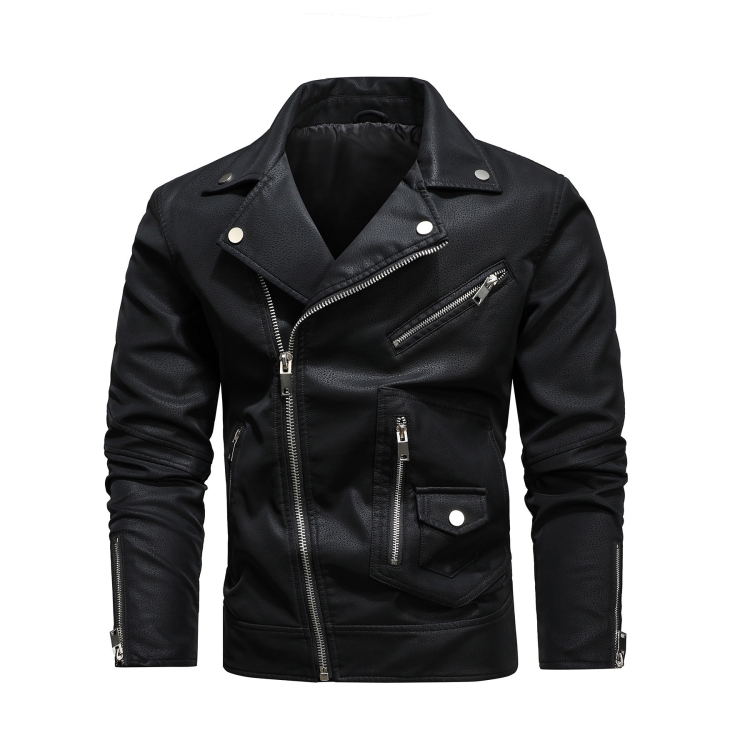 Men Fashion PU Lapel Leather Jacket, Size: M(Black)