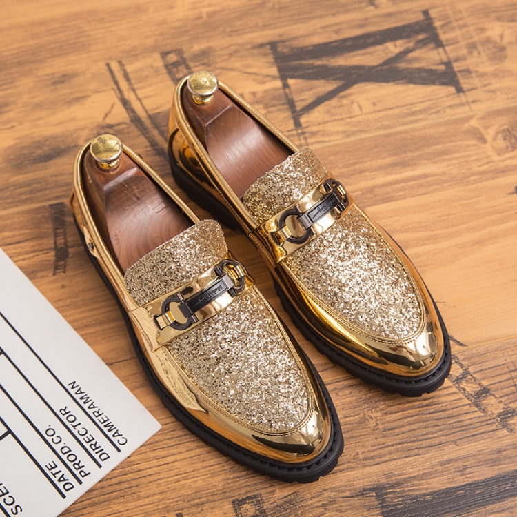 Men Fashion Thick Bottom Pointed Formal Business Leather Shoes, Shoe Size:43(Gold)