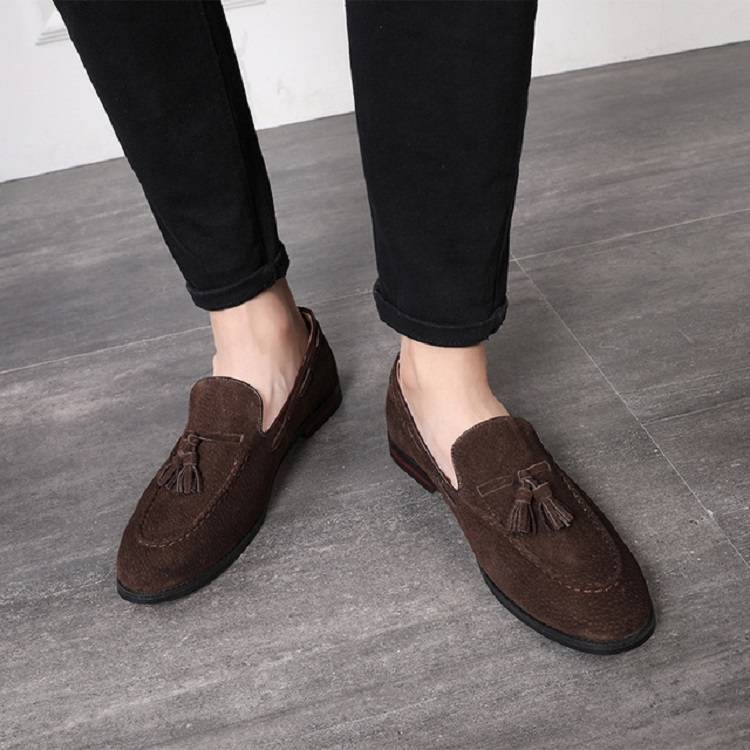 Men Leather Shoes Suede Tassels Slip-on Peas Shoes, Size:42(Brown)