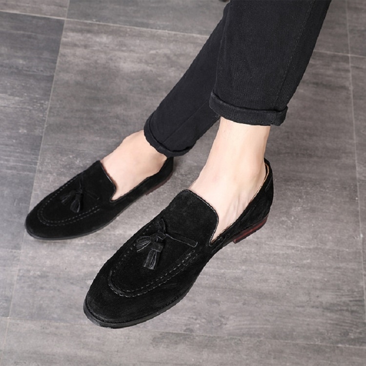 Men Leather Shoes Suede Tassels Slip-on Peas Shoes, Size:47(Black)