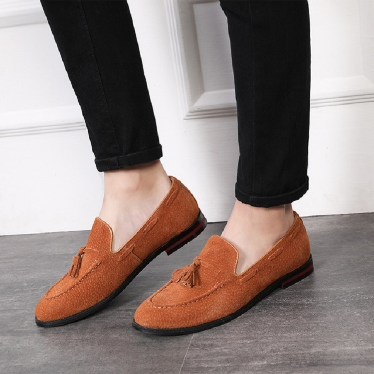 Men Leather Shoes Suede Tassels Slip-on Peas Shoes, Size:48(Yellow)