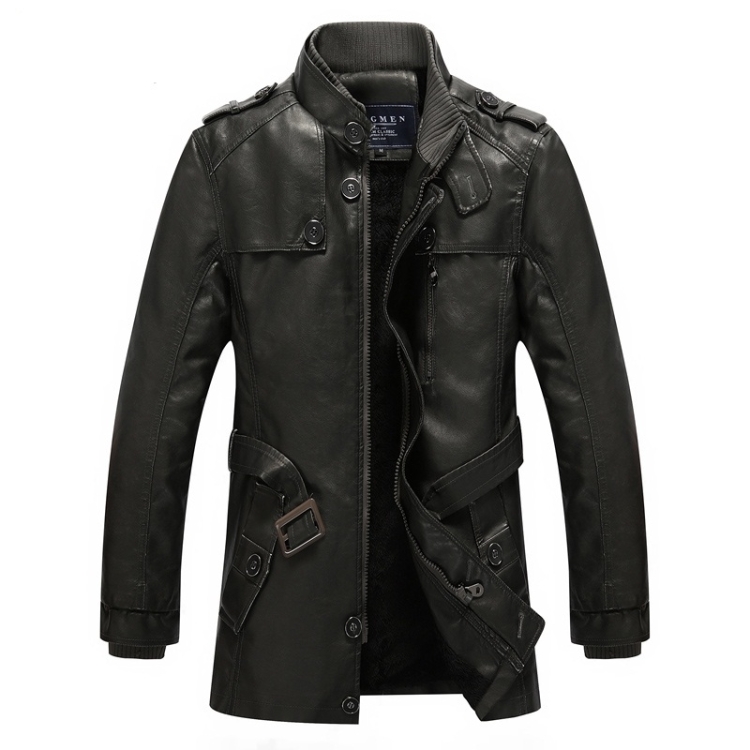 Men Long Style Leather Jacket Coat (Color:Black Grey Size:M)