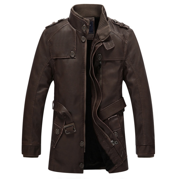 Men Long Style Leather Jacket Coat (Color:Brown Size:XL)