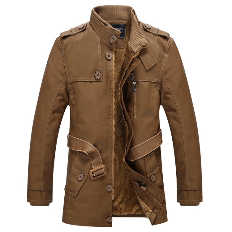 Men Long Style Leather Jacket Coat (Color:Khaki Size:XXL)