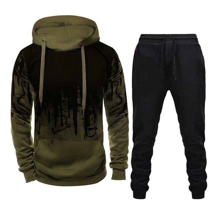 Men Loose Print Hoodie Sport Sweatshirt Set (Color:Army Green Size:XXL)