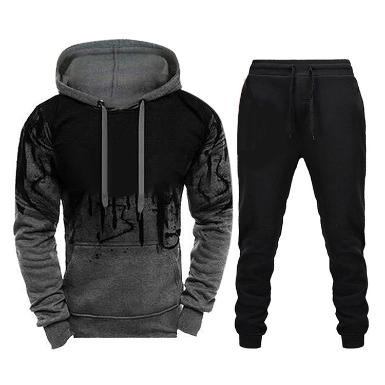 Men Loose Print Hoodie Sport Sweatshirt Set (Color:Grey Size:XXXXL)