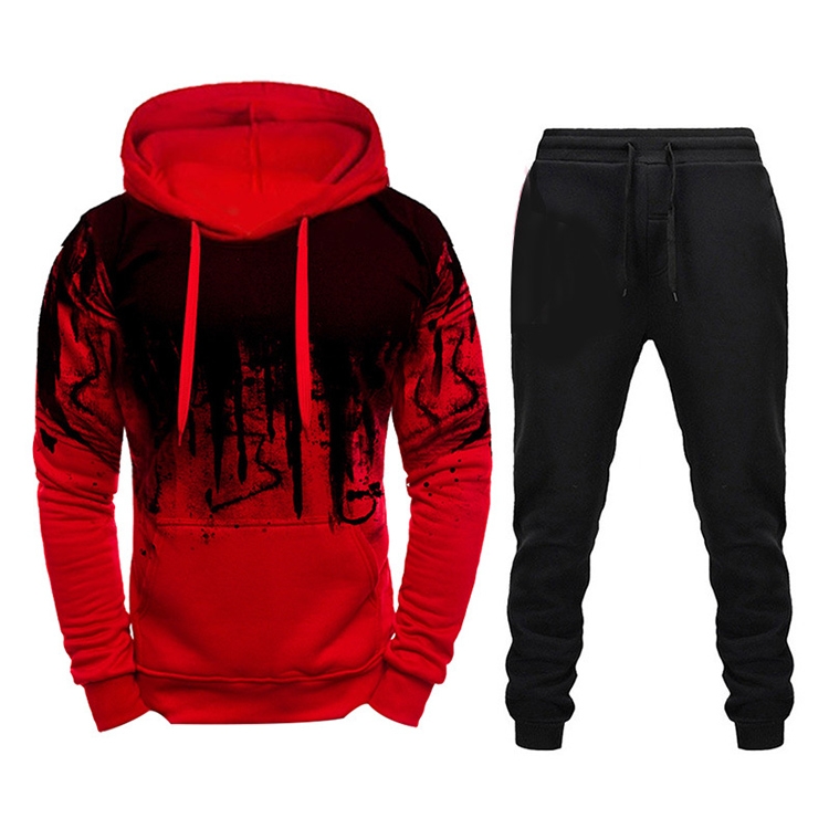 Men Loose Print Hoodie Sport Sweatshirt Set (Color:Red Size:XXXL)