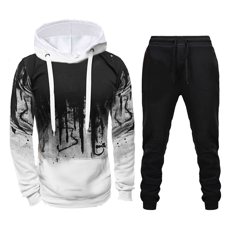 Men Loose Print Hoodie Sport Sweatshirt Set (Color:White Size:XL)