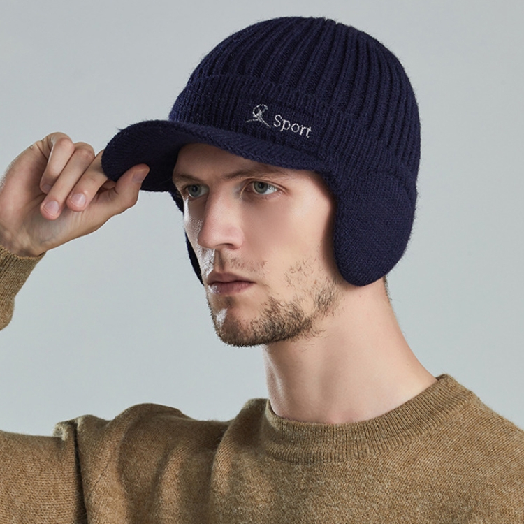 Men Outdoor Ear Protection Woolen Cap Warm Thickened Baseball Cap(Navy Blue)