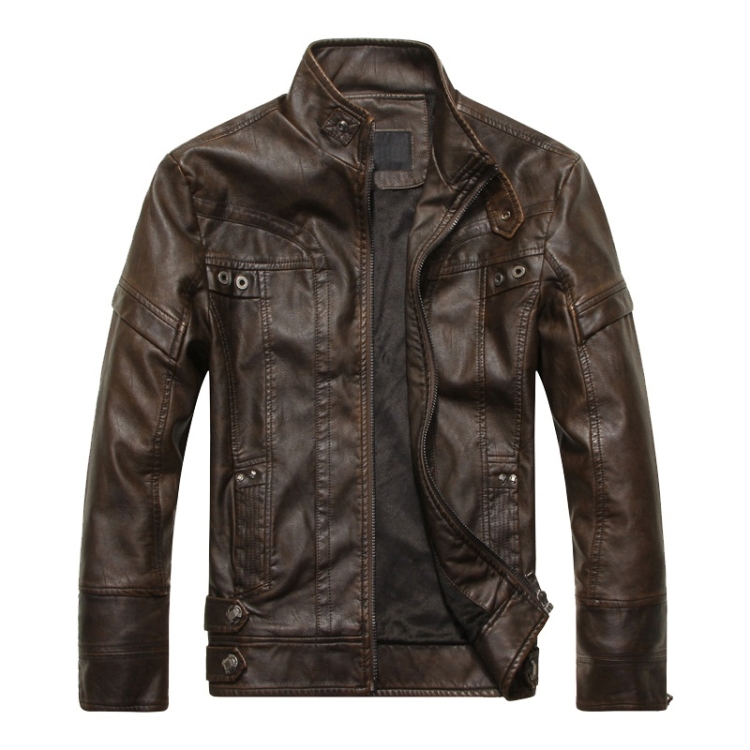 Men Plus Velvet Fashion Leather Jacket Motorcycle Coat (Color:Coffee Size:XXL)