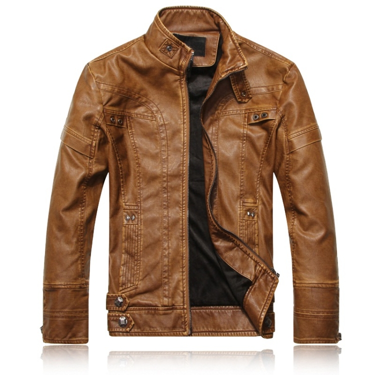 Men Plus Velvet Fashion Leather Jacket Motorcycle Coat (Color:Khaki Size:XXXL)