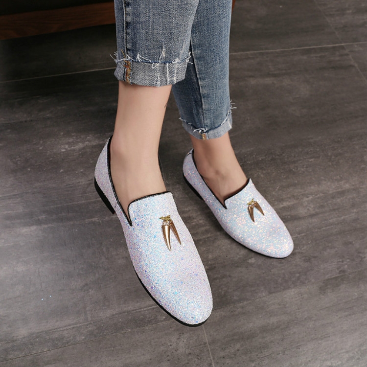 Men Pointed Toe Solid Color Casual Shine Loafer, Size:42(White)
