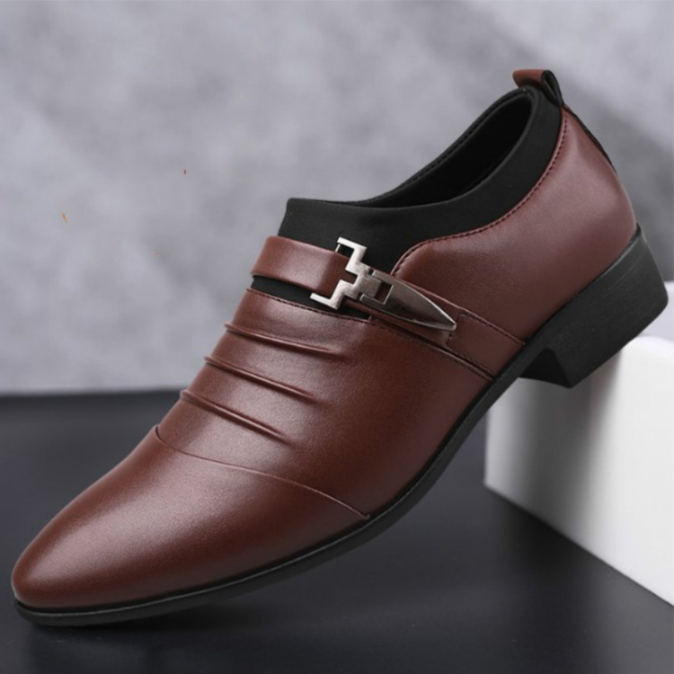 Men Set Business Dress Shoes PU Leather Pointed Toe Oxfords Shoes, Size:40(Brown Velvet Lining)