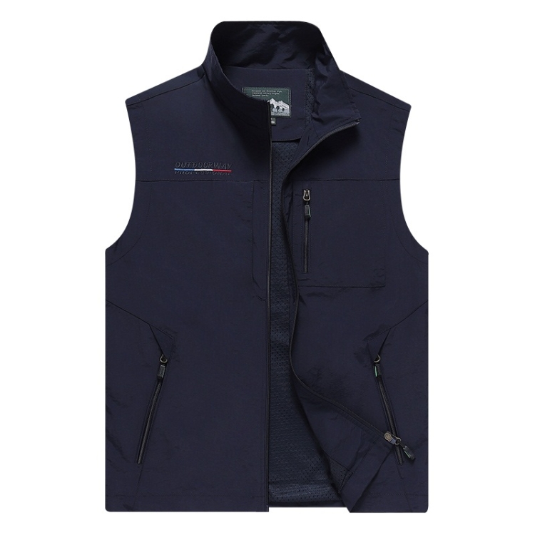 Men Sleeveless Stand Collar Loose Vest Multi-pockets Vest (Color:Dark Blue Size:L)