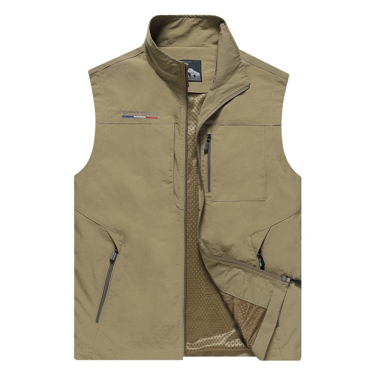 Men Sleeveless Stand Collar Loose Vest Multi-pockets Vest (Color:Khaki Size:L)