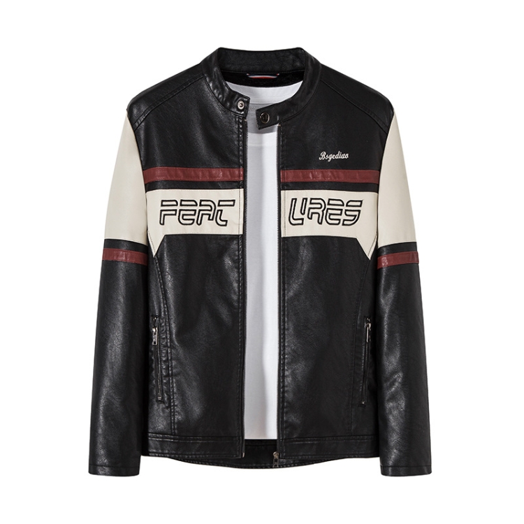 Men Slim Fit Padded Patchwork Motorbike Leather Jacket, Size: L(Black)