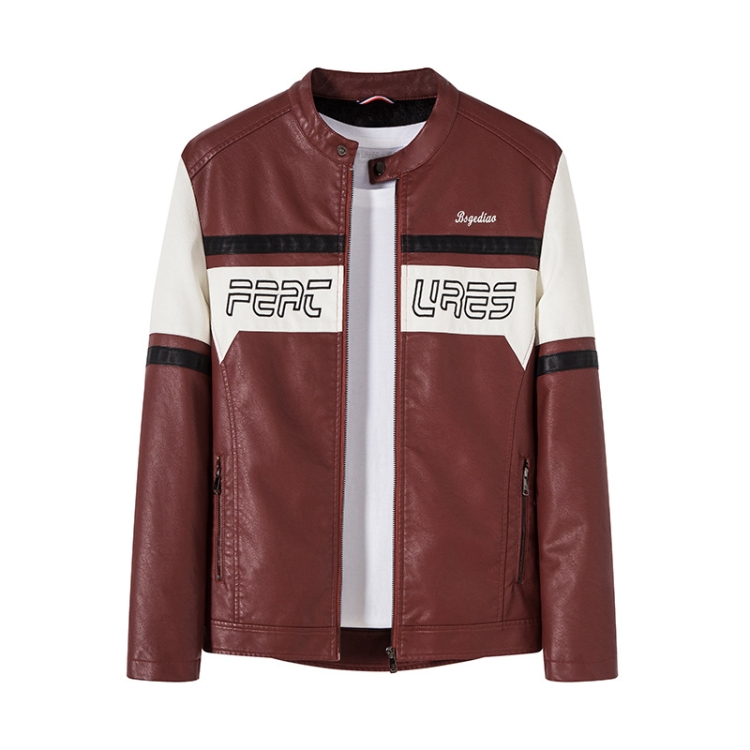 Men Slim Fit Padded Patchwork Motorbike Leather Jacket, Size: L(Red)