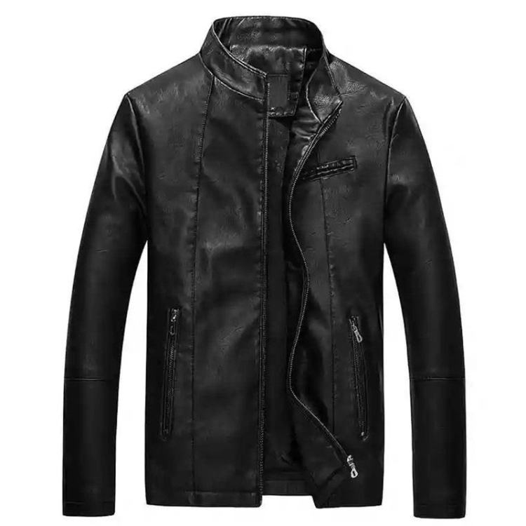 Men Slim-fit Washed PU Leather Jacket (Color:Black Size:XXXL)
