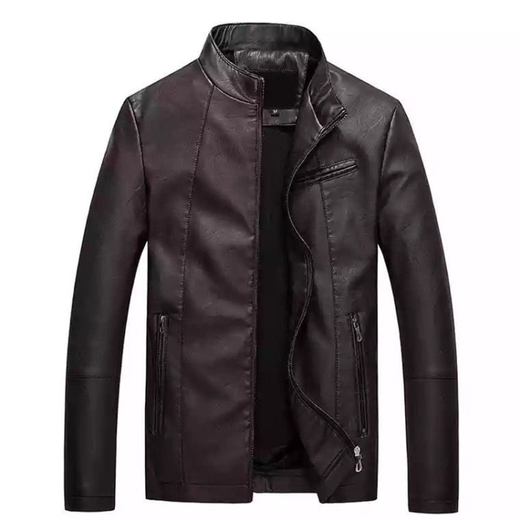 Men Slim-fit Washed PU Leather Jacket (Color:Coffee Size:XL)