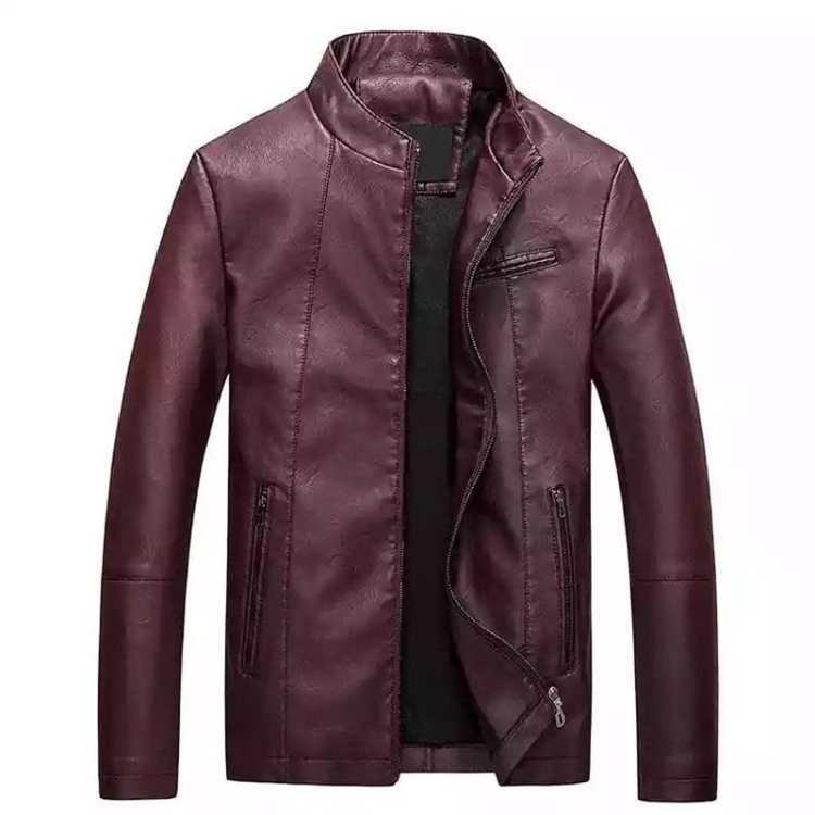 Men Slim-fit Washed PU Leather Jacket (Color:Red Size:XXL)