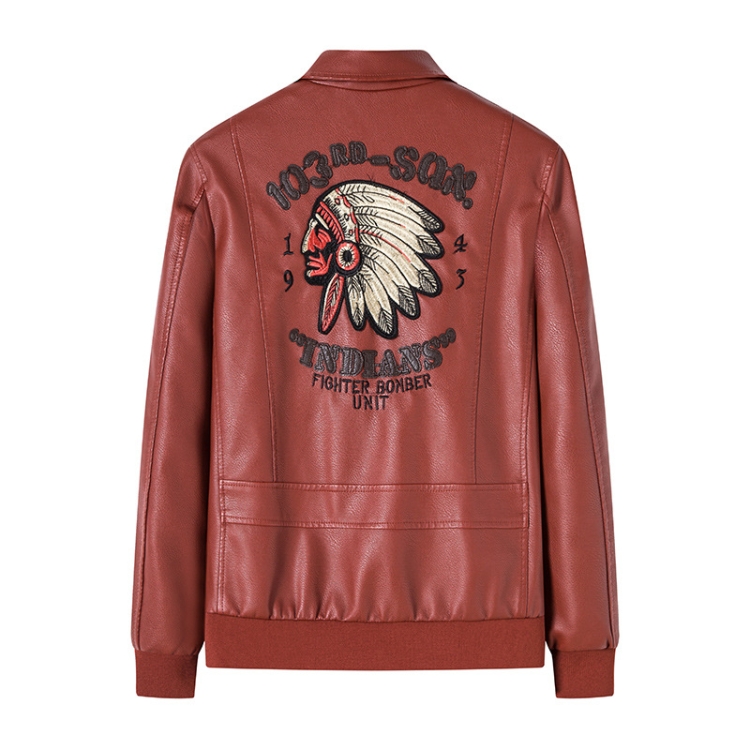 Men Suit Collar Washed PU Leather Jacket Flight Suit, Size: XL(Brick Red)
