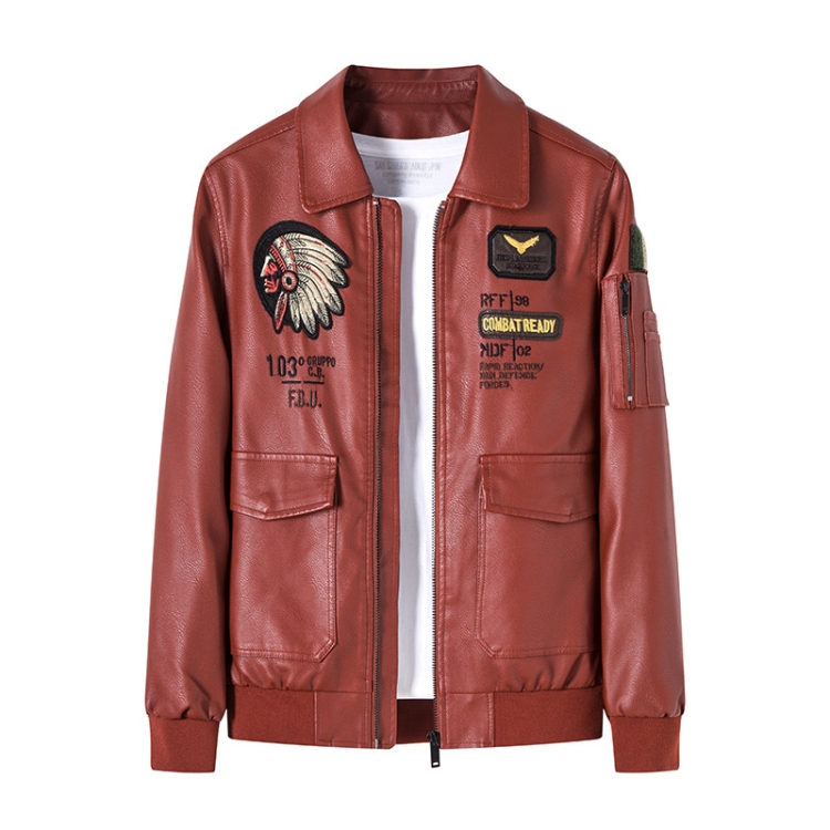 Men Suit Collar Washed PU Leather Jacket Flight Suit, Size: XXL(Brick Red Velvet)