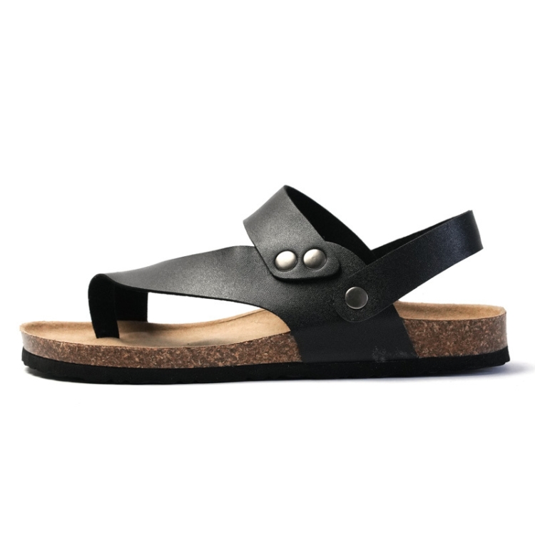 Men Summer Cork Flip Flops Beach Couple Leather Sandals, Size: 38(Black)