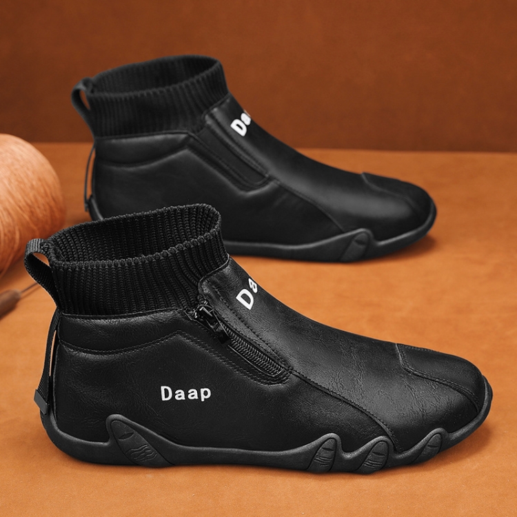 Men Trend Socks Shoes High Top Outdoor Anti-slip Casual Sneakers Leather Work Shoes, Size: 43(Black)