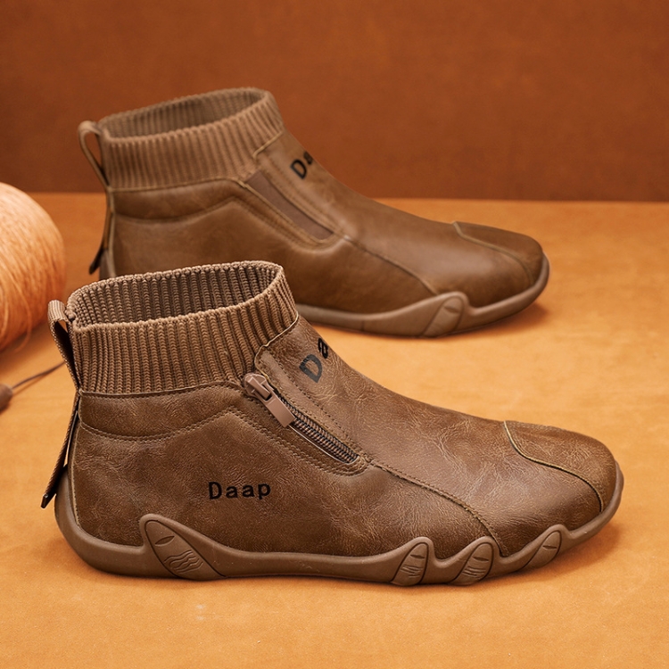 Men Trend Socks Shoes High Top Outdoor Anti-slip Casual Sneakers Leather Work Shoes, Size: 43(Brown)