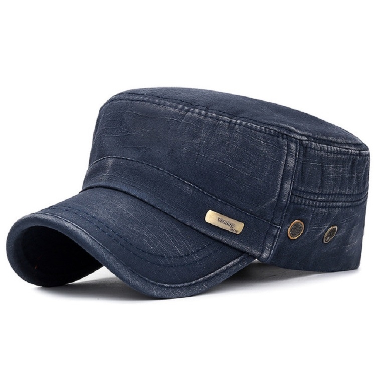 Men Washed Distress Bamboo Cotton Cloth Cap Large Mesh Flat Cap(Navy)