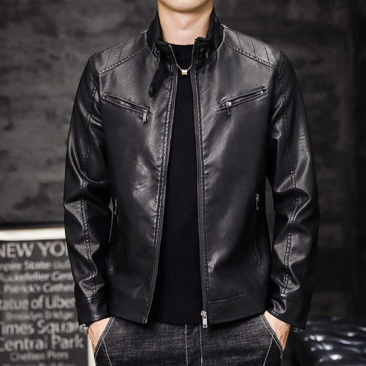 Men Washed PU Padded Slim-Fit Motorbike Leather Jacket, Size: XL(Black)