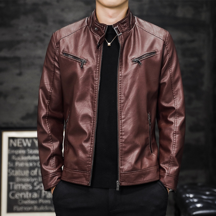 Men Washed PU Padded Slim-Fit Motorbike Leather Jacket, Size: XXL(Claret)