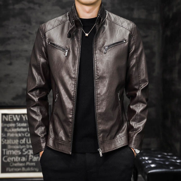 Men Washed PU Padded Slim-Fit Motorbike Leather Jacket, Size: XXXL(Coffee)