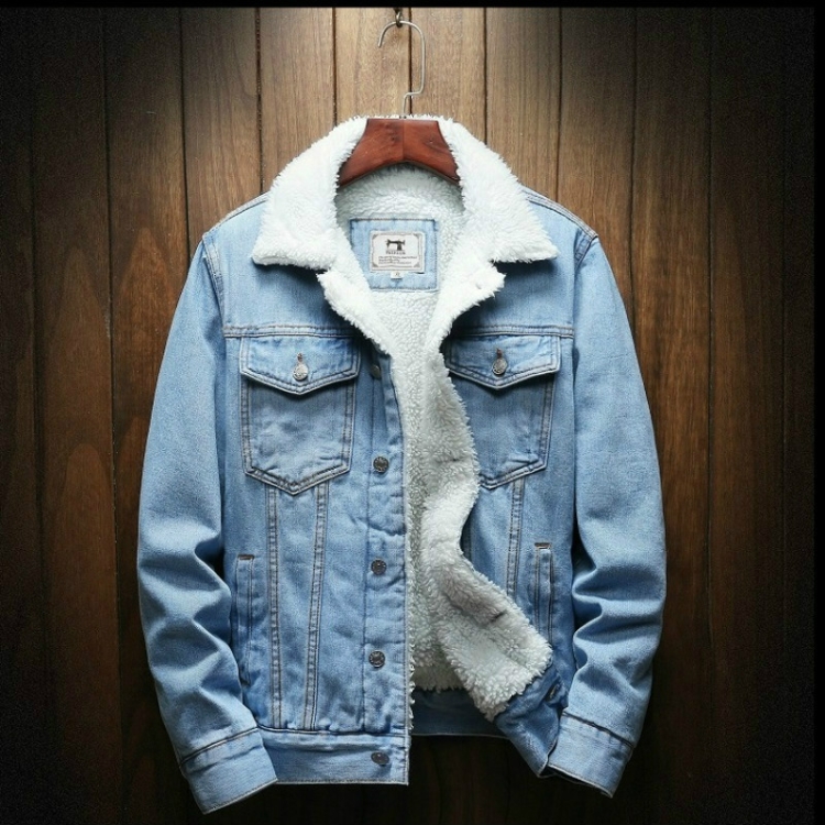 Men Winter Wool Liner Jean Jackets Outerwear Warm Denim Coats, Size:XXL(Sky Blue)