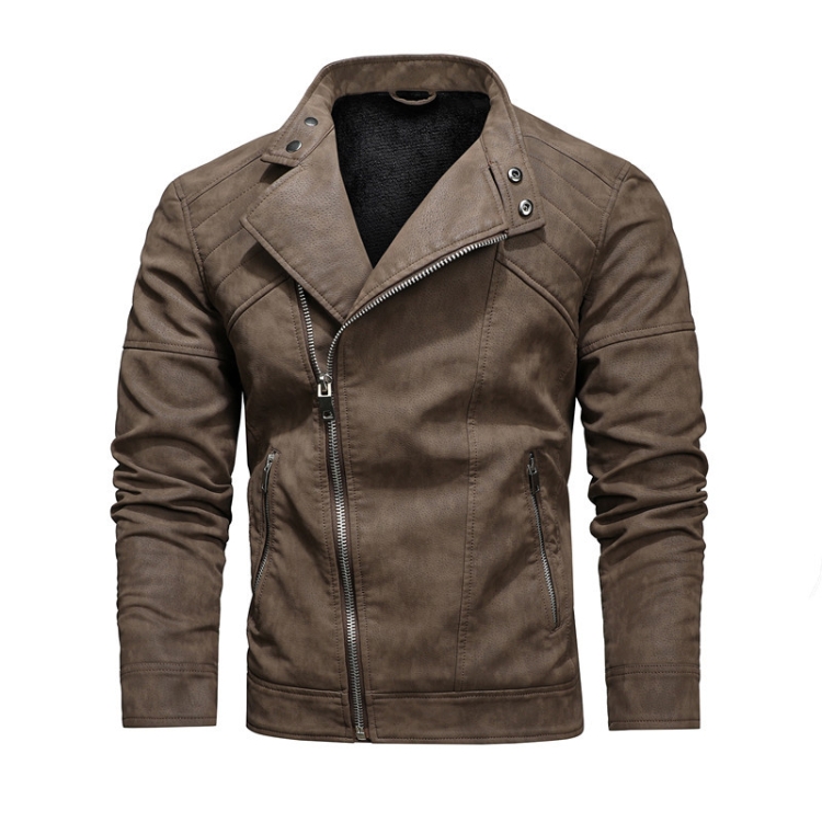 Mens Lapel Leather Motorcycle Jacket, Size: L(Dark Brown)
