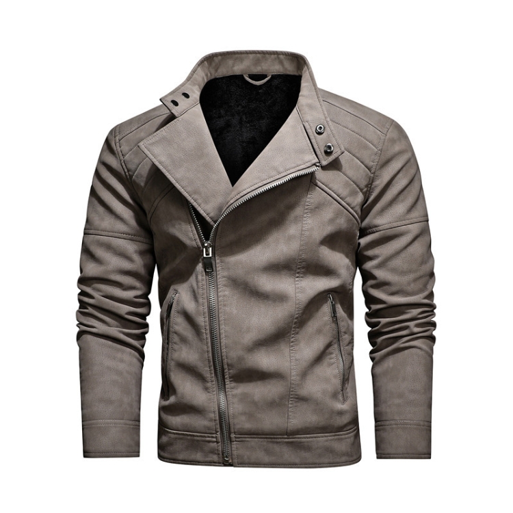 Mens Lapel Leather Motorcycle Jacket, Size: L(Khaki)