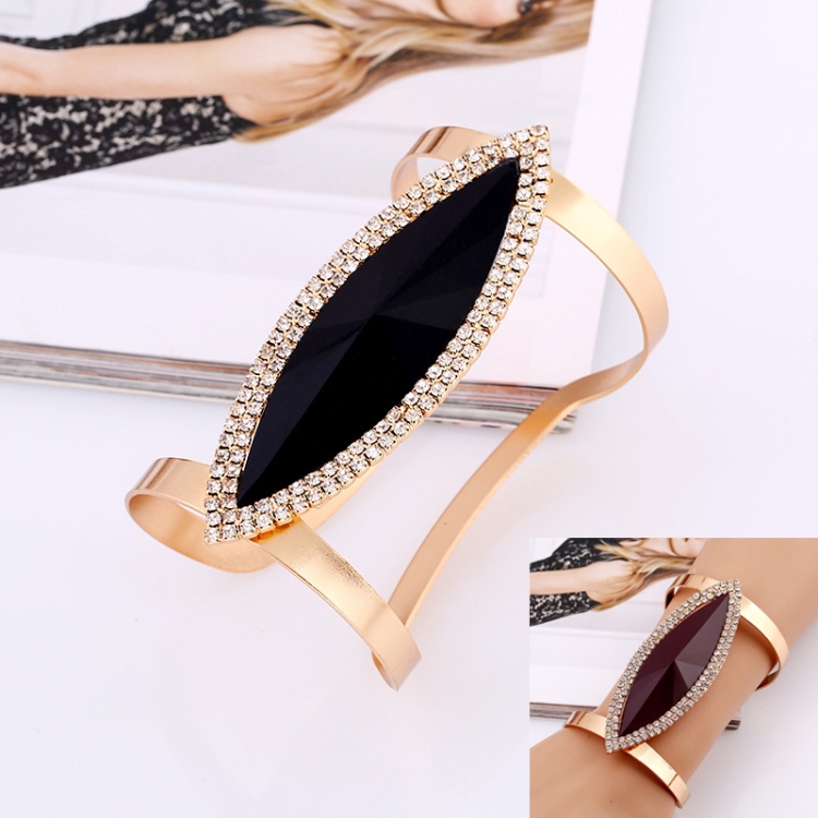 Metal Bangles Women Trendy Resin Mosaic Crystal Bracelet Smooth Wide Opening Adjustable Bangle(Gold Black)