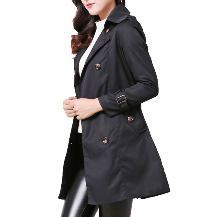 Mid-length Slim Casual Lace-up Trench Windbeaker (Color:Black Size:M)