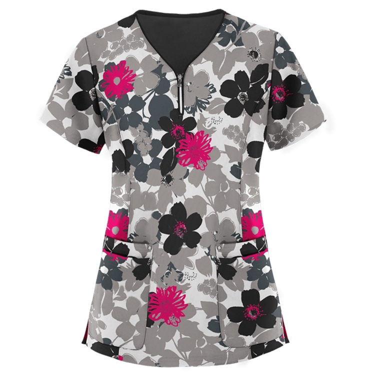 Mid-length Slim-fitting Printed Pullover Nurse Uniform V-neck T-shirt (Color:Gray Size:S)