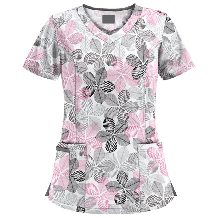 Mid-length Slim-fitting Printed Pullover Nurse Uniform V-neck T-shirt (Color:Pink Size:L)