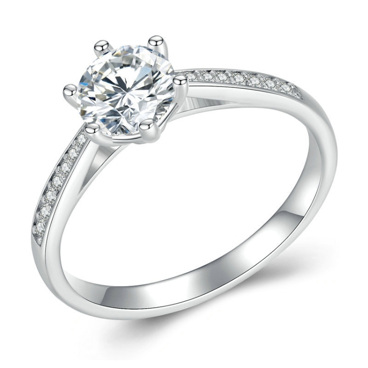 MSR004 Sterling Silver S925 Six Claw Moissanite Ring White Gold Plated Jewellery, Size: No.6