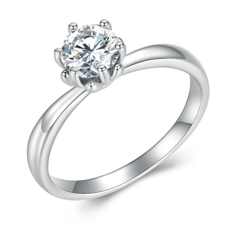 MSR006 Sterling Silver S925 Six Claw Moissanite Ring White Gold Plated Jewellery, Size: No.6