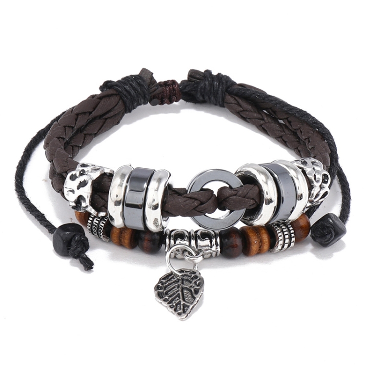 Multi-Layers Braided Leaf Charm Bracelet Simple Personalized Hand Band(Dark Brown)
