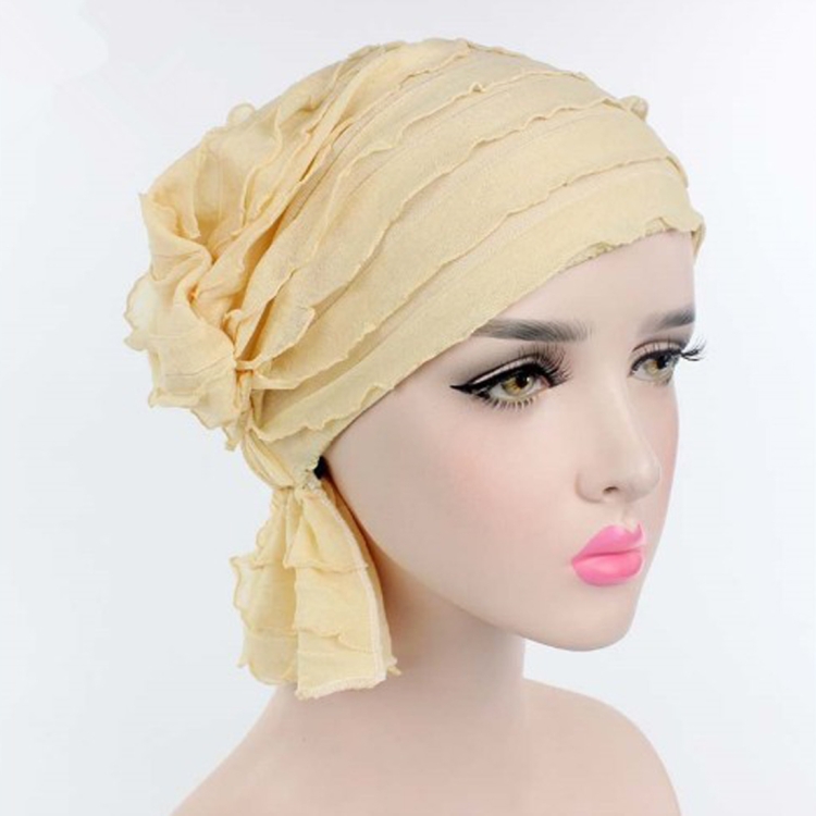 Muslim Stacking Cap Chiffon Fold Turban Cap Chemotherapy Cap (Beige)