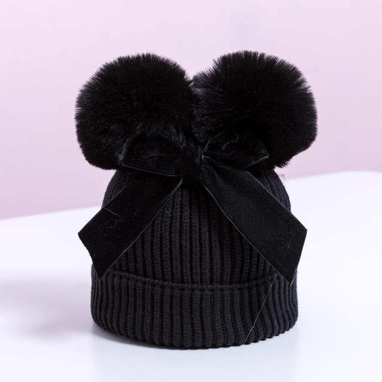 MZ7153 Double Wool Ball Bowknot Children Knitted Hat With Cotton Warm Baby Hat, Size: About 6-36 Months(Black)
