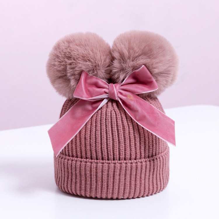 MZ7153 Double Wool Ball Bowknot Children Knitted Hat With Cotton Warm Baby Hat, Size: About 6-36 Months(Deep Skin Powder)