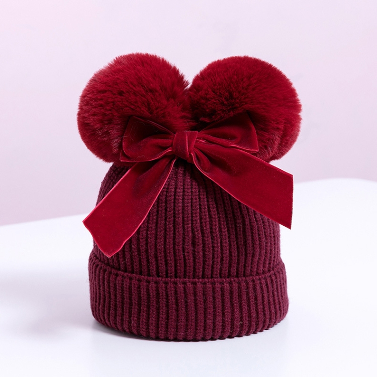 MZ7153 Double Wool Ball Bowknot Children Knitted Hat With Cotton Warm Baby Hat, Size: About 6-36 Months(Red Wine)