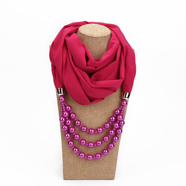 National Style Scarf with Imitation Pearl Necklace(Rose red)