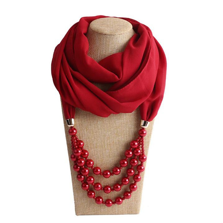 National Style Scarf with Imitation Pearl Necklace(Wine red)